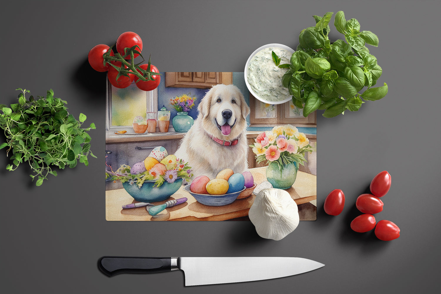 Decorating Easter Great Pyrenees Glass Cutting Board