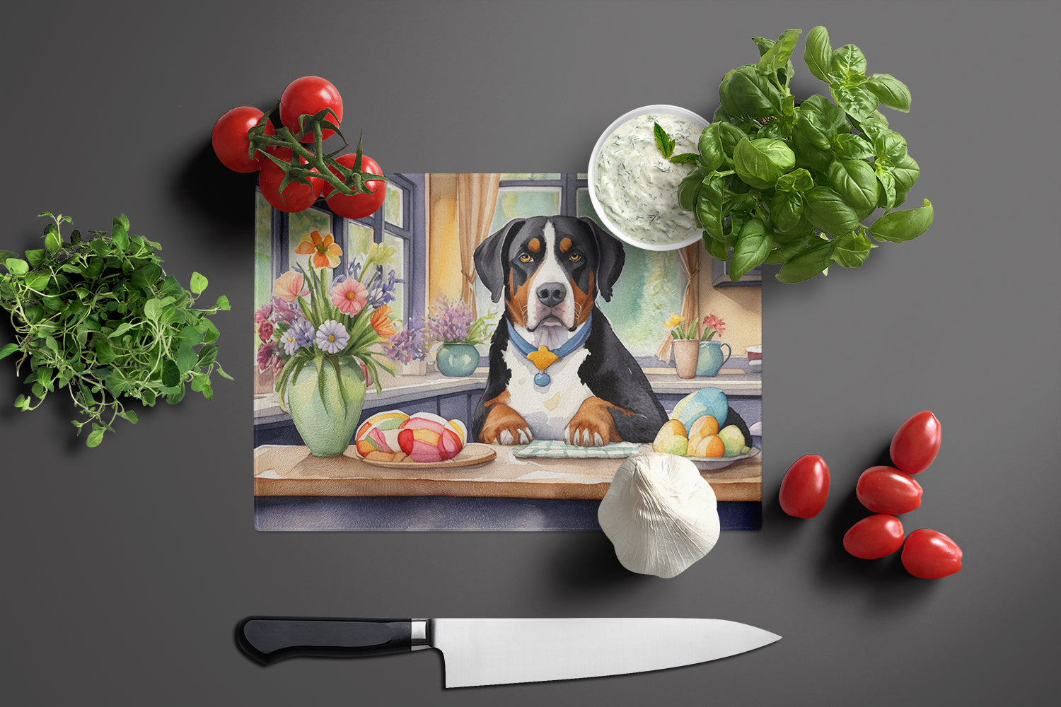 Decorating Easter Greater Swiss Mountain Dog Glass Cutting Board