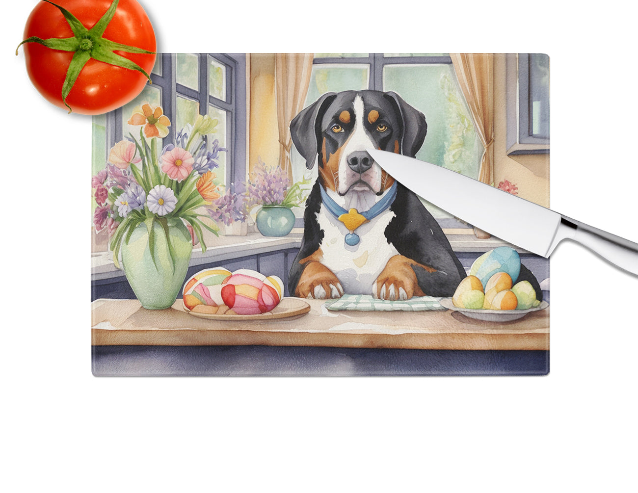 Decorating Easter Greater Swiss Mountain Dog Glass Cutting Board