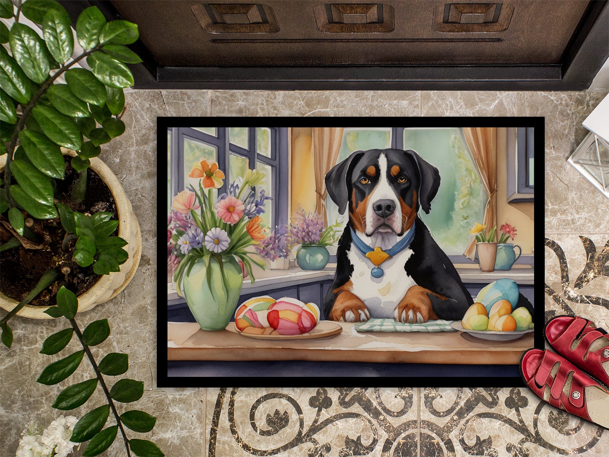 Decorating Easter Greater Swiss Mountain Dog Doormat