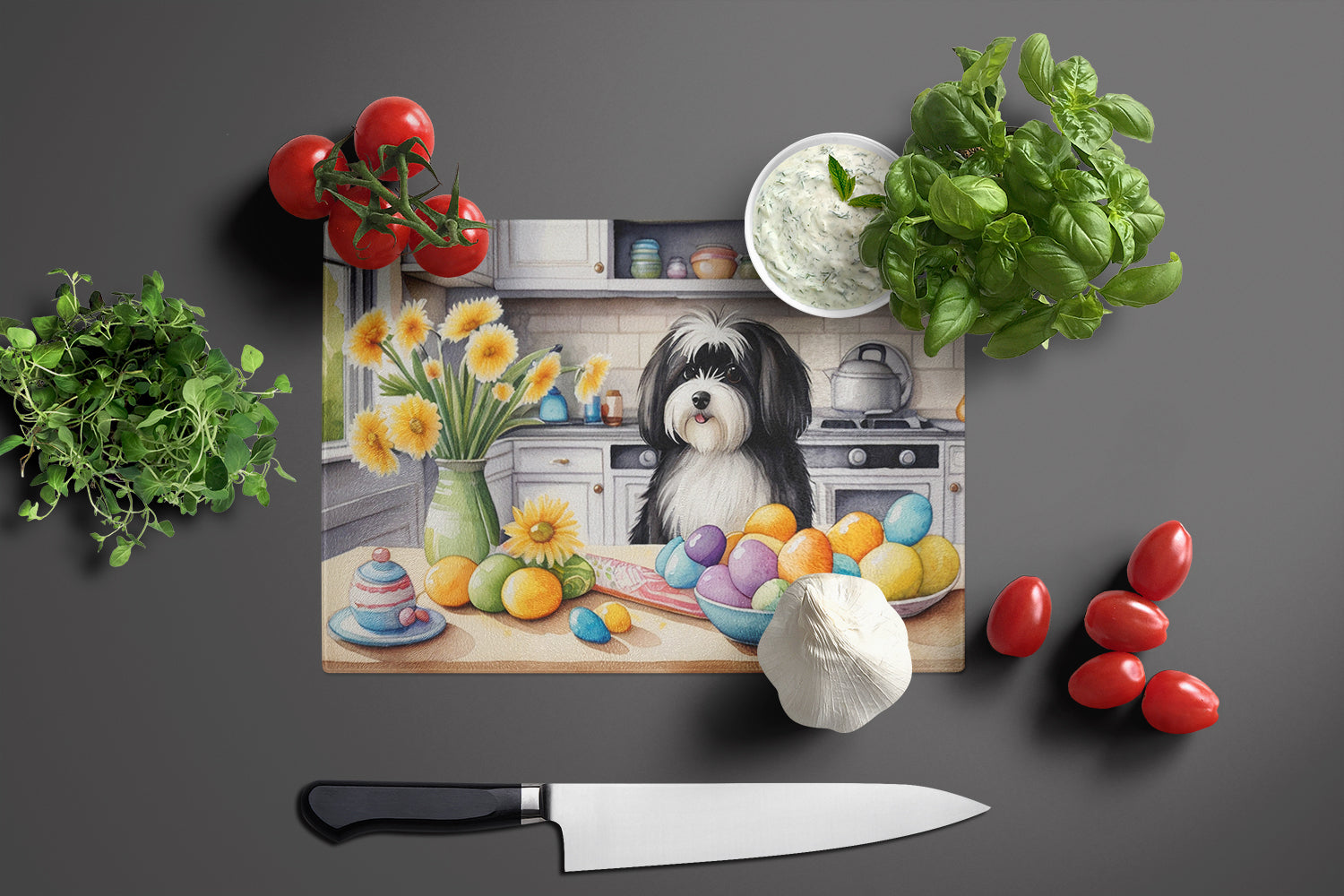 Decorating Easter Havanese Glass Cutting Board