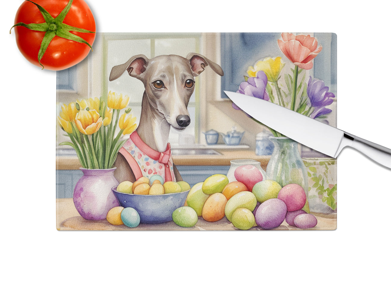 Decorating Easter Italian Greyhound Glass Cutting Board