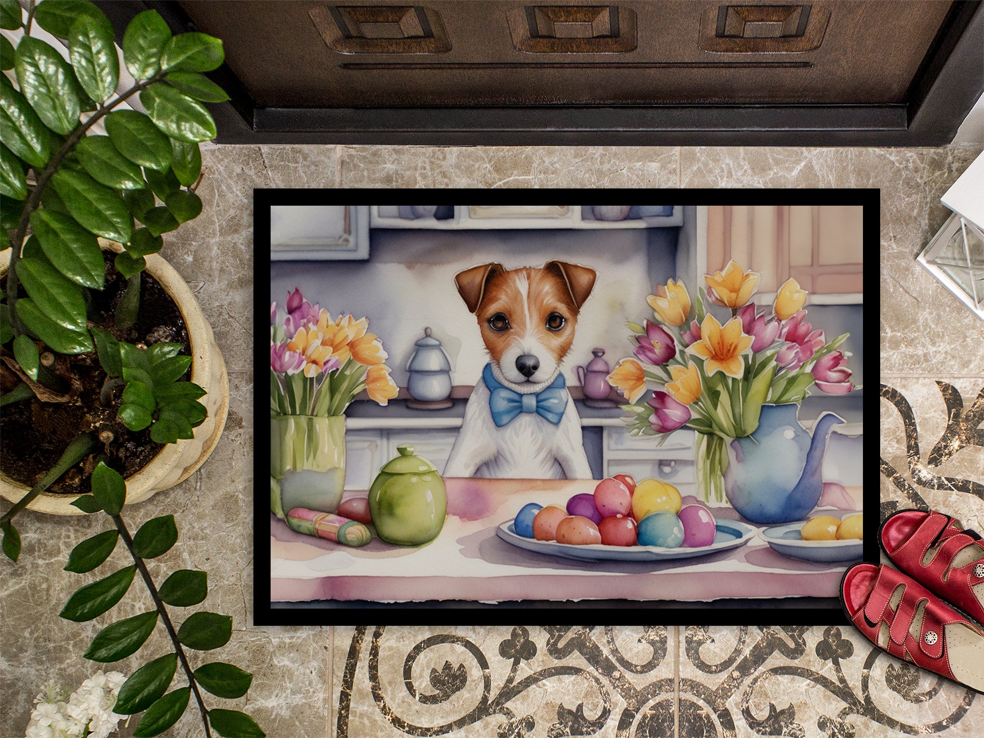 Decorating Easter Jack Russell Terrier Doormat
