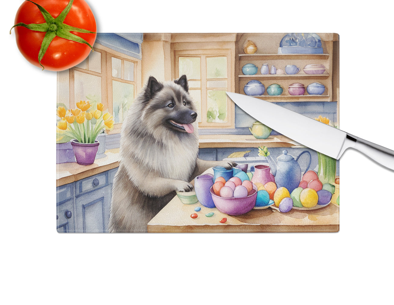 Decorating Easter Keeshond Glass Cutting Board