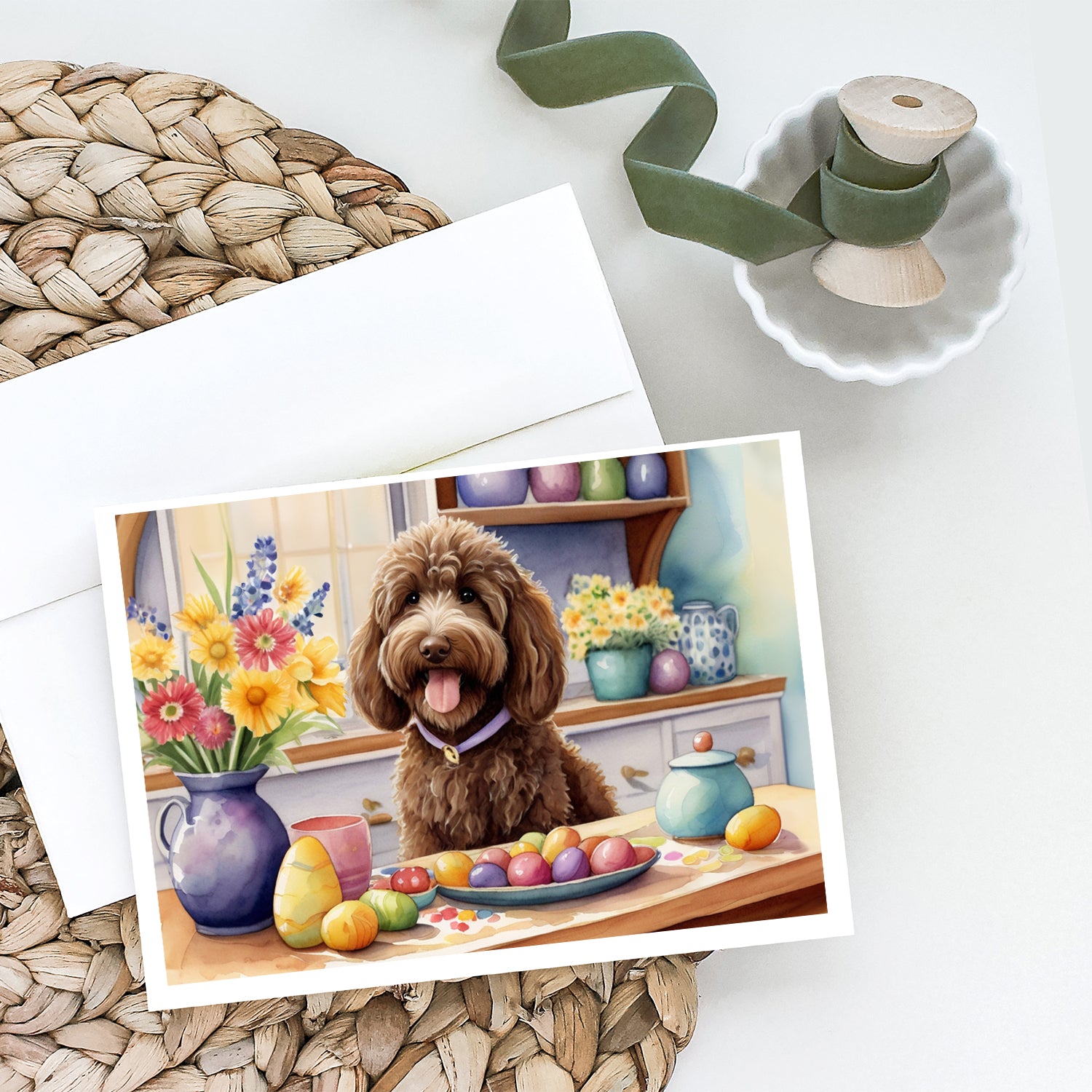 Decorating Easter Labradoodle Greeting Cards Pack of 8