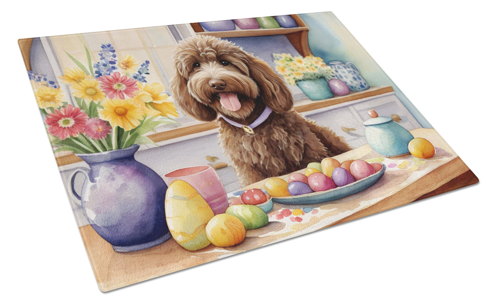 Buy this Decorating Easter Labradoodle Glass Cutting Board