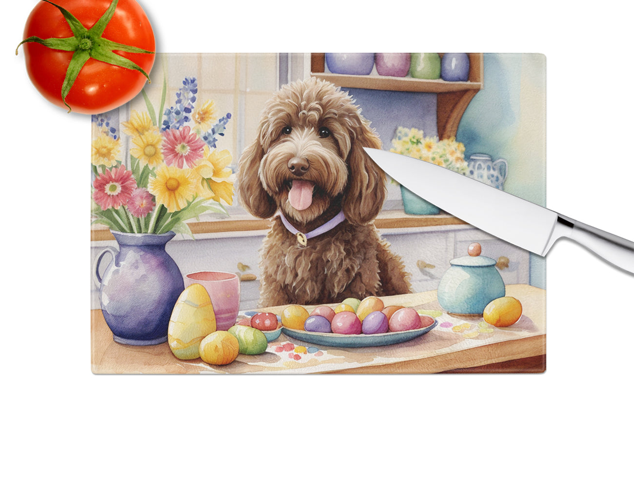 Decorating Easter Labradoodle Glass Cutting Board