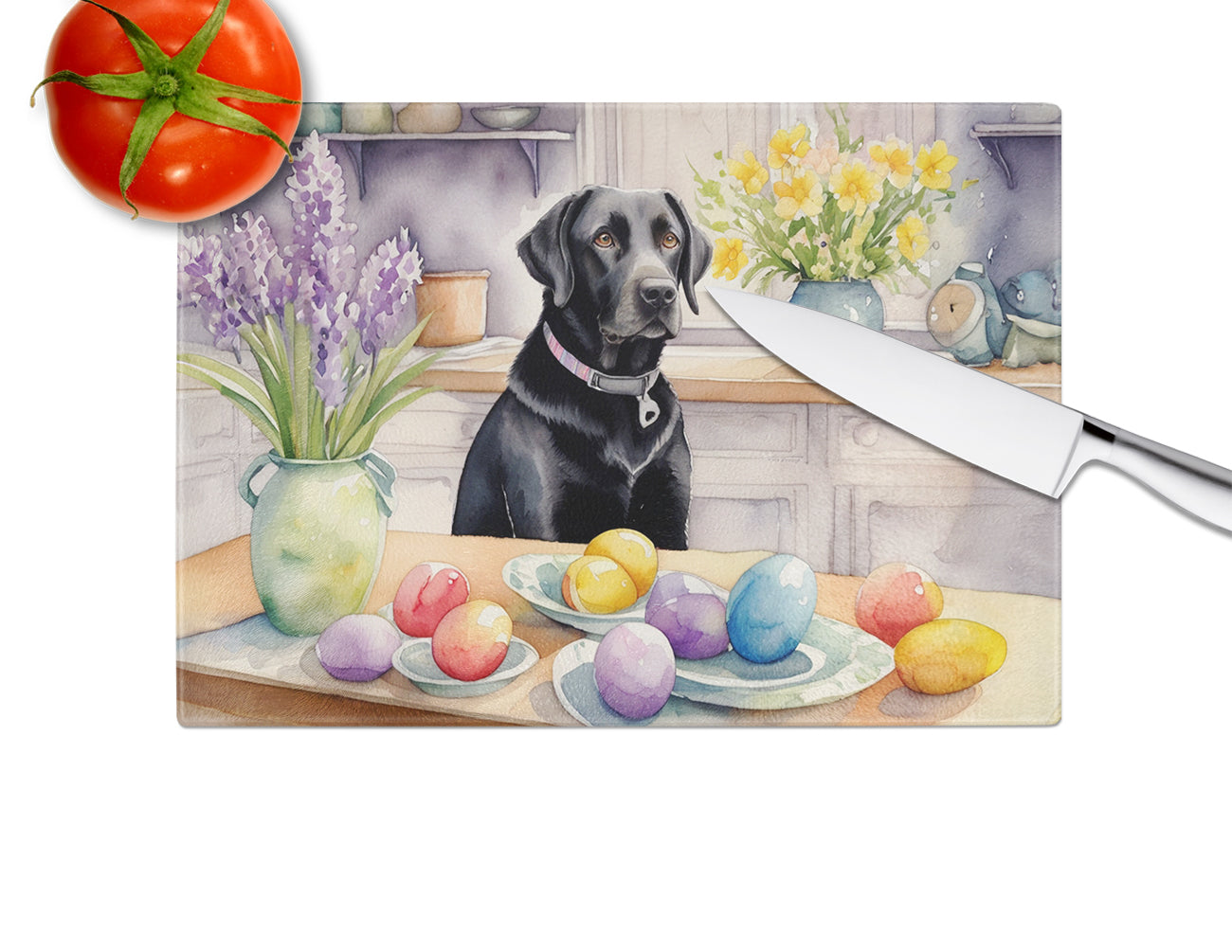 Decorating Easter Black Labrador Retriever Glass Cutting Board