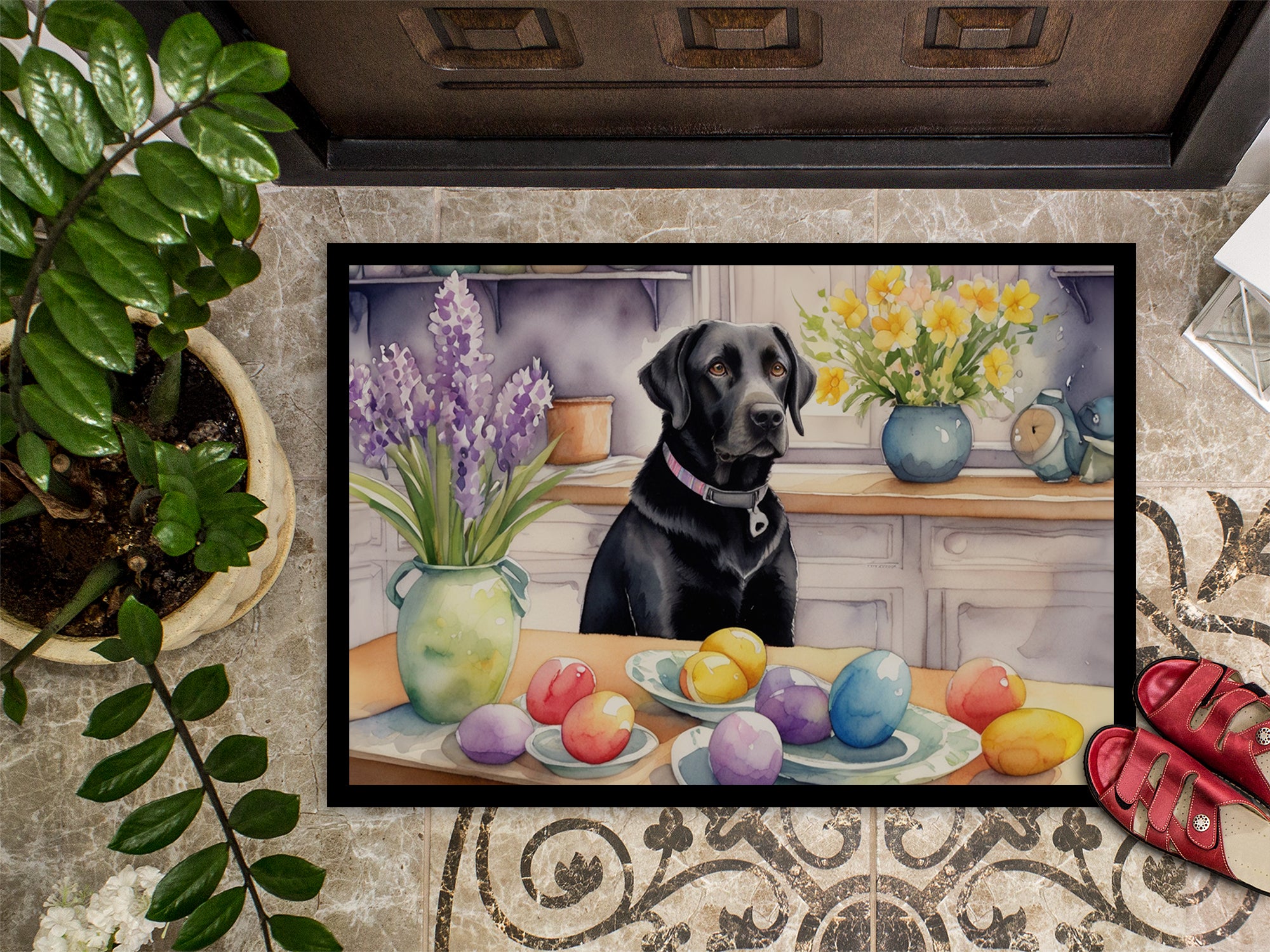 Decorating Easter Black Labrador Retriever Doormat