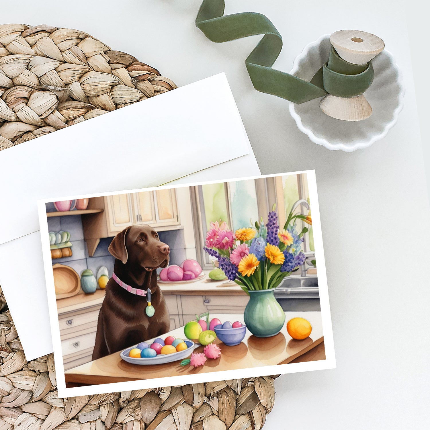 Decorating Easter Chocolate Labrador Retriever Greeting Cards Pack of 8