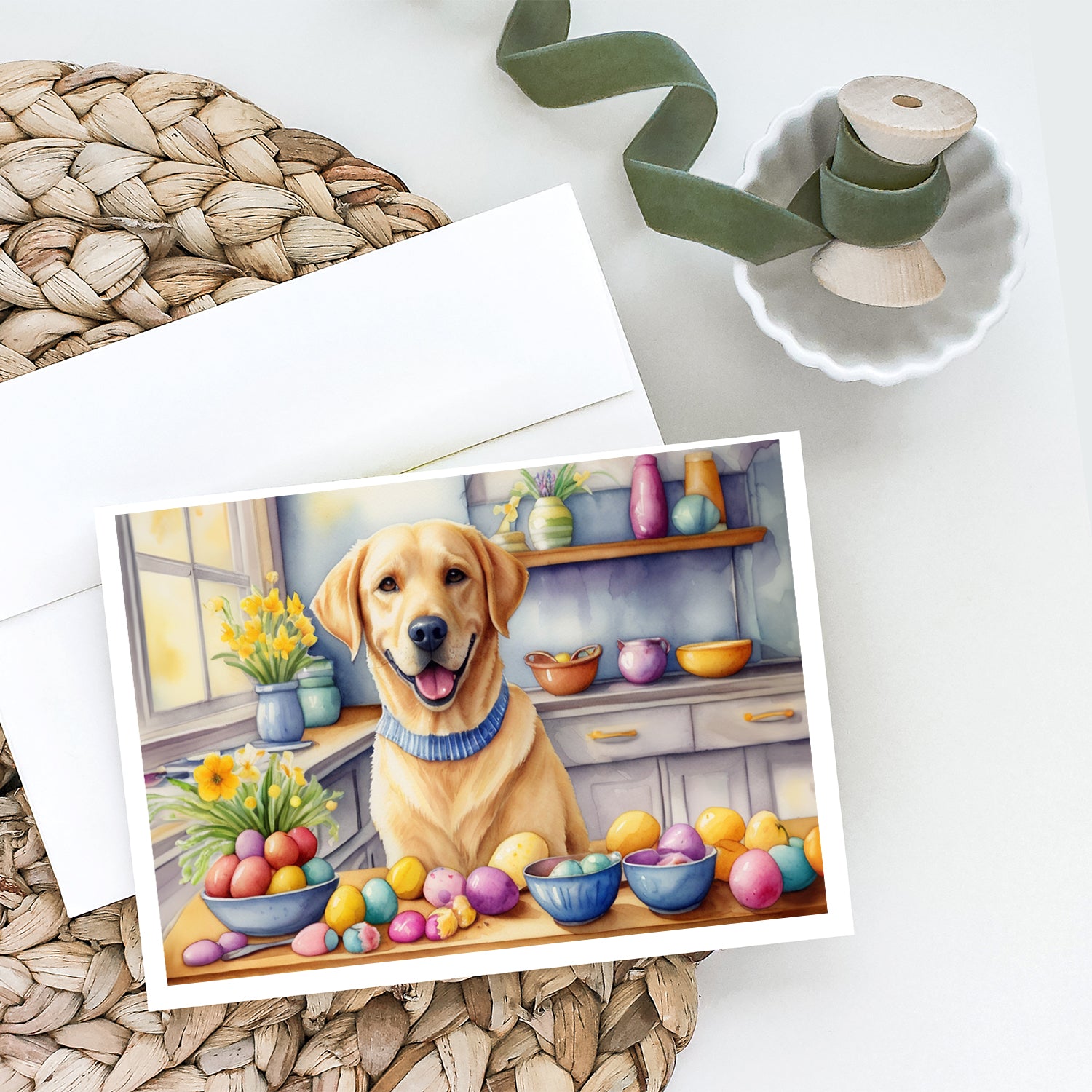 Caroline's Treasures Decorating Easter Yellow Labrador Retriever Greeting Cards - Blank Note Cards – 8-Pack of Artist-Designed Cards with Envelopes