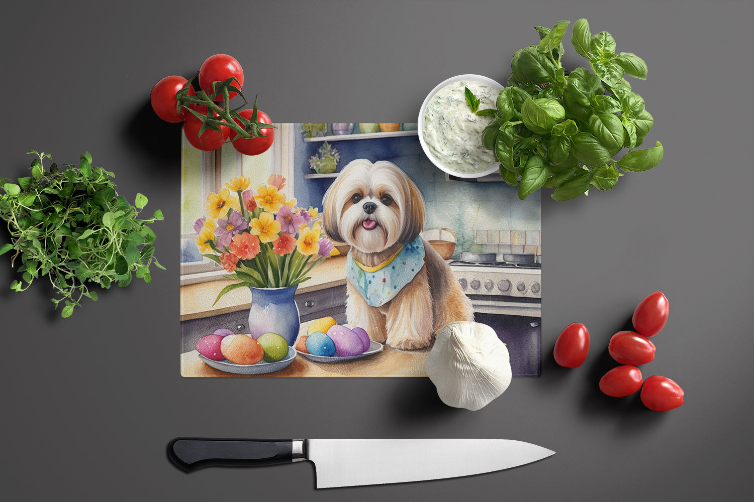 Decorating Easter Lhasa Apso Glass Cutting Board