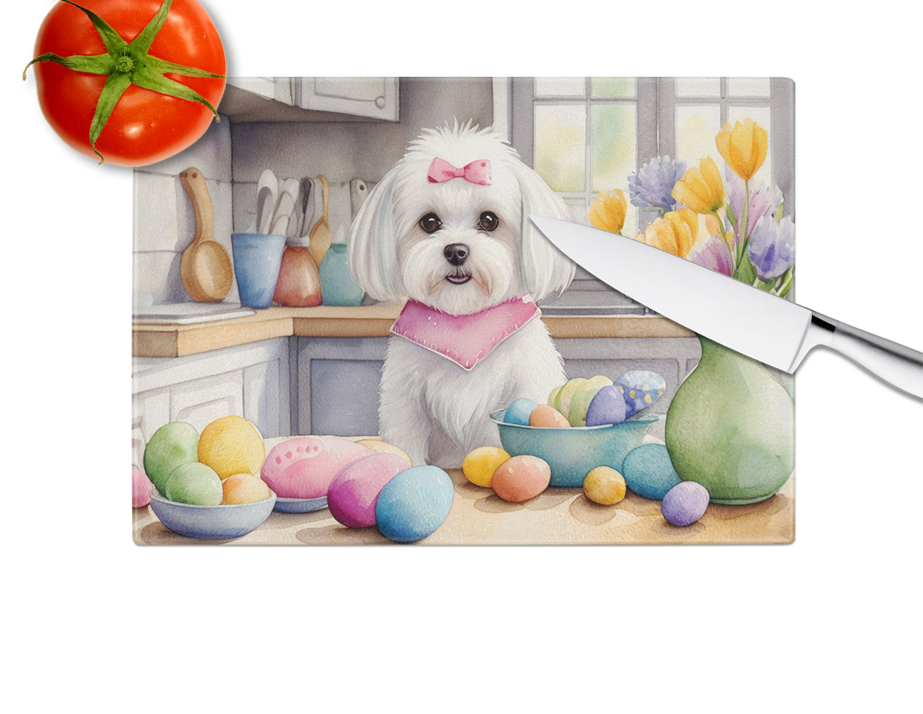 Decorating Easter Maltese Glass Cutting Board