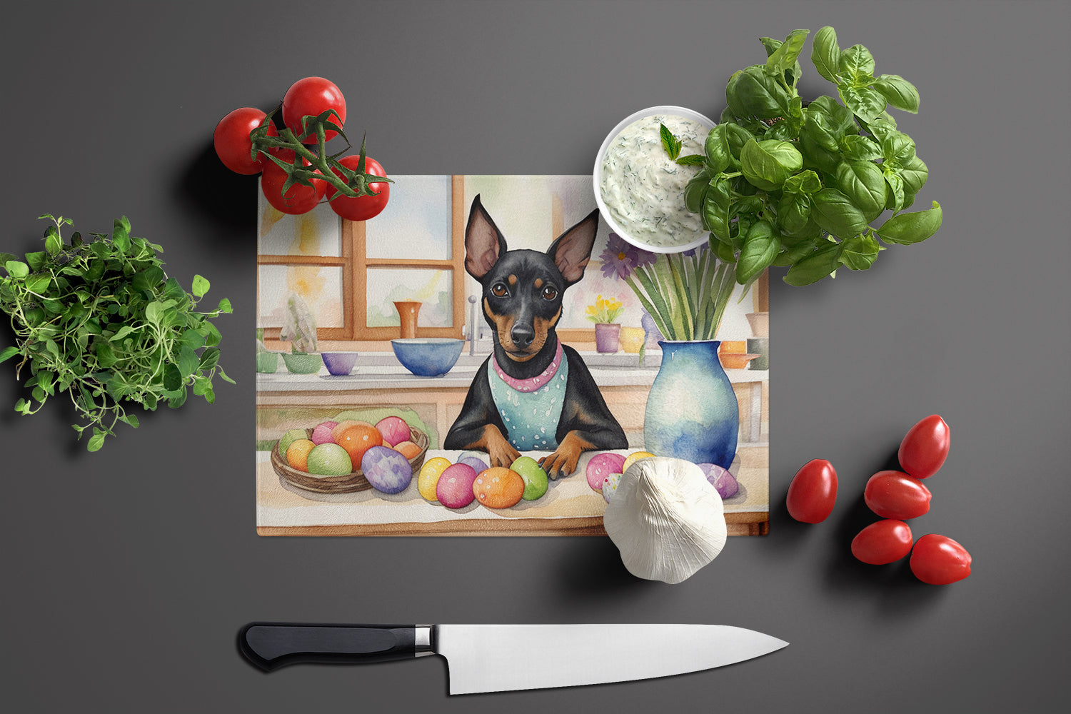 Decorating Easter Manchester Terrier Glass Cutting Board