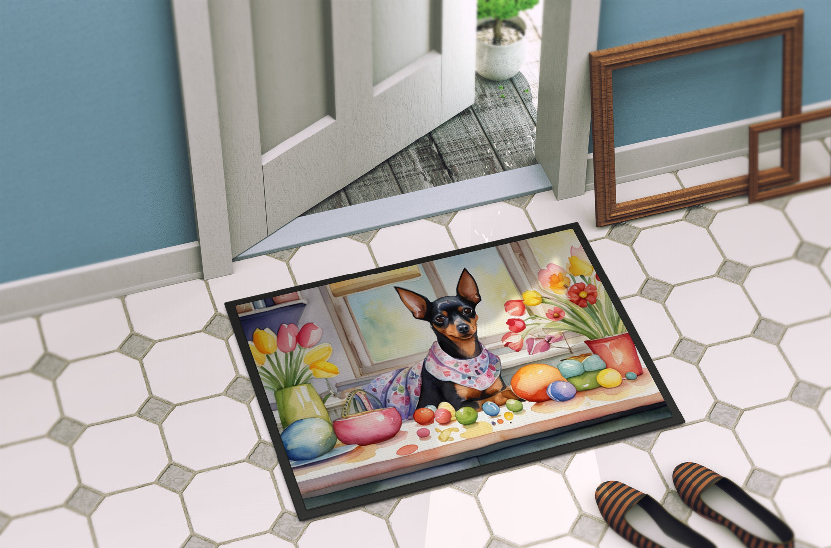 Decorating Easter Miniature Pinscher Doormat