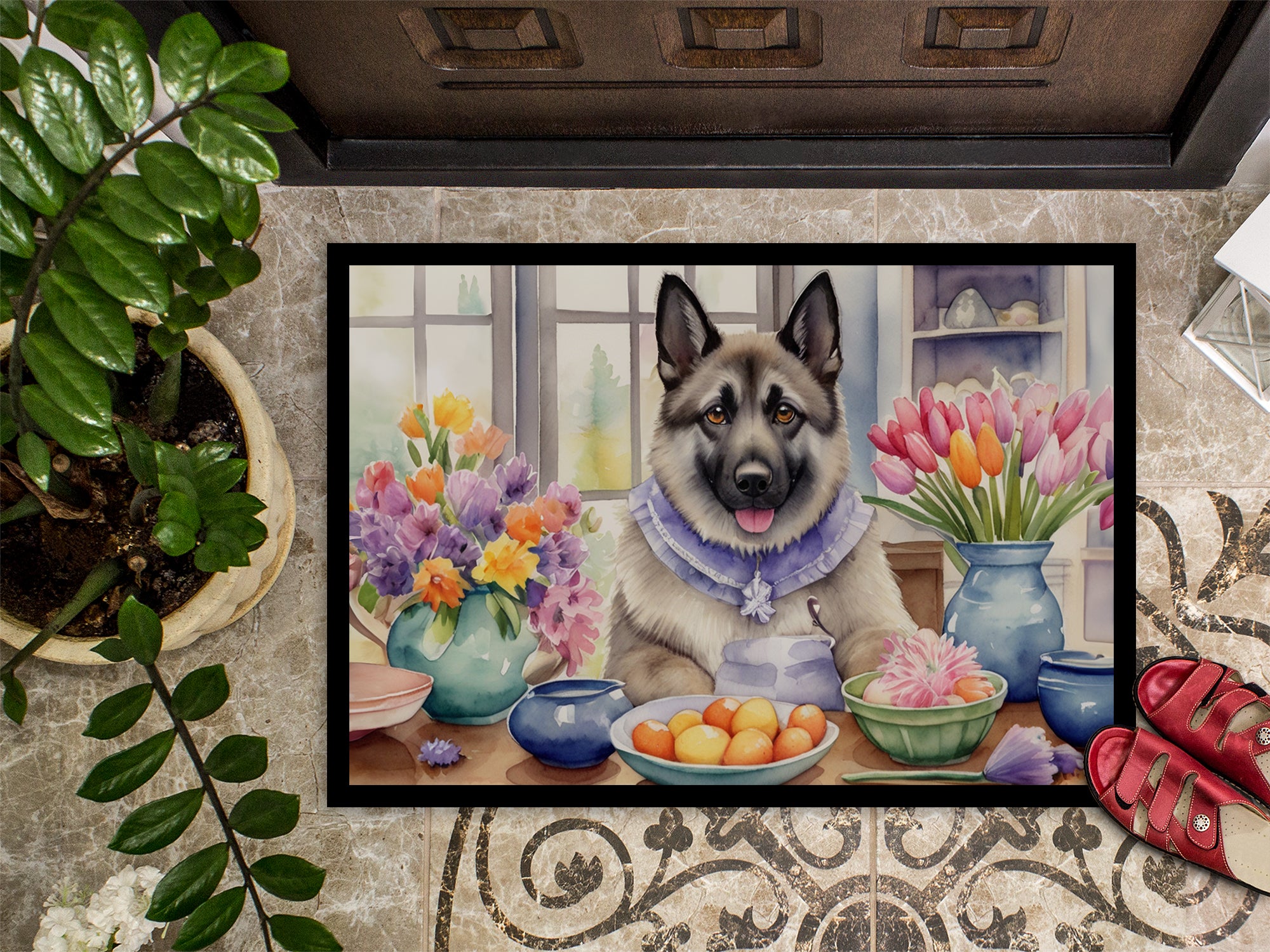 Decorating Easter Norwegian Elkhound Doormat