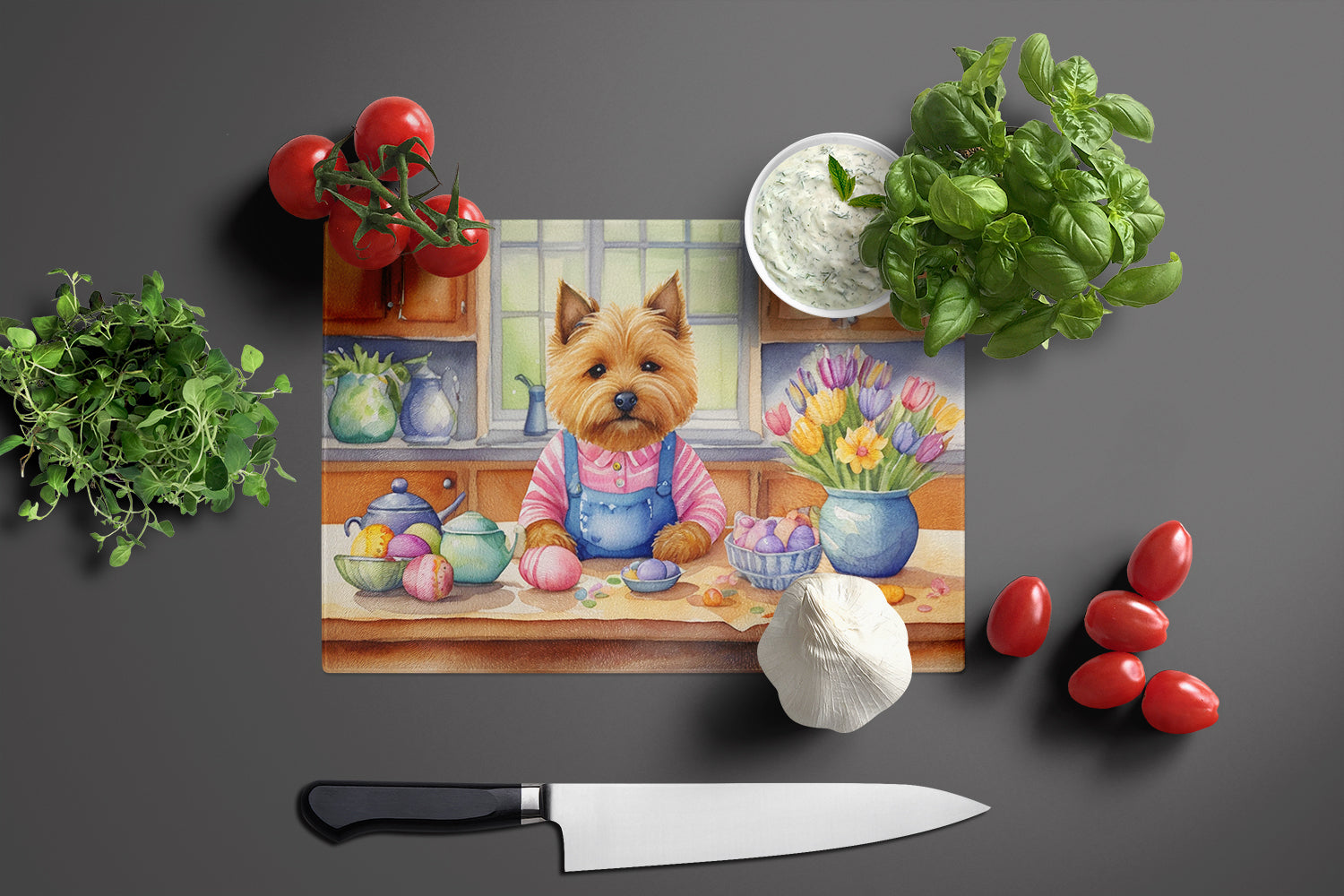 Decorating Easter Norwich Terrier Glass Cutting Board