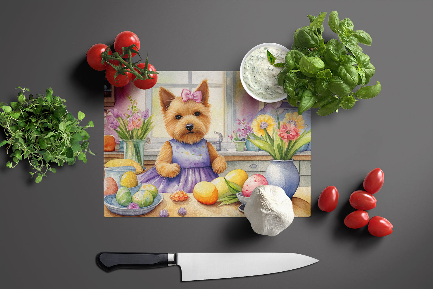 Decorating Easter Norwich Terrier Glass Cutting Board