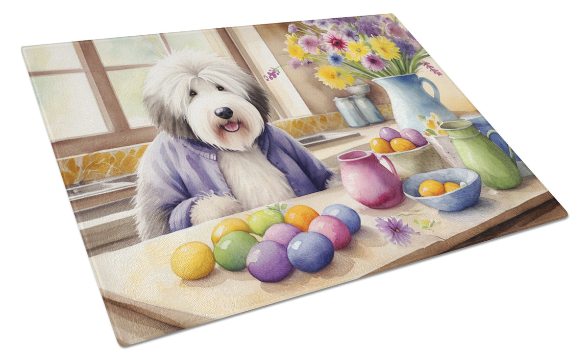 Buy this Decorating Easter Old English Sheepdog Glass Cutting Board