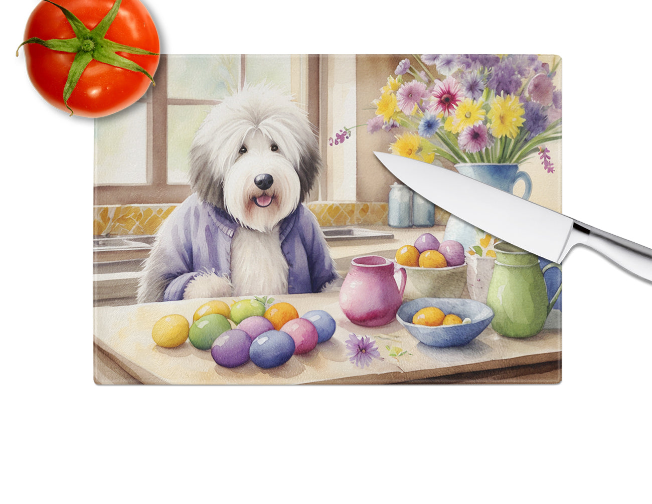 Decorating Easter Old English Sheepdog Glass Cutting Board