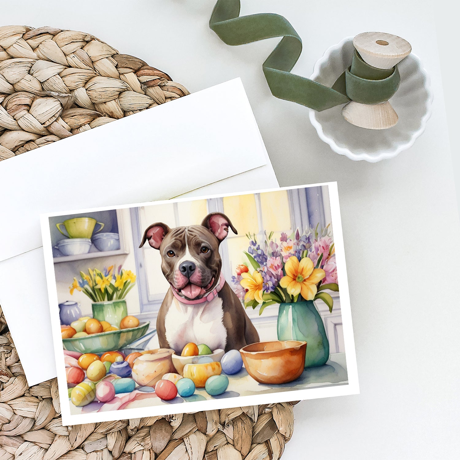 Decorating Easter Pit Bull Terrier Greeting Cards Pack of 8