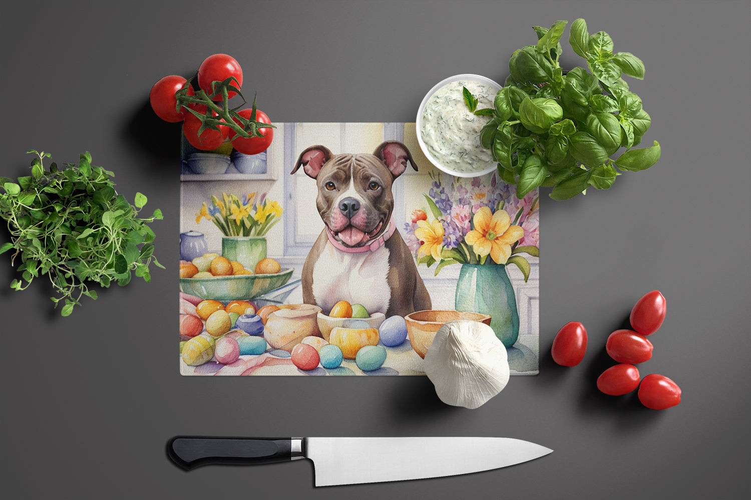 Decorating Easter Pit Bull Terrier Glass Cutting Board