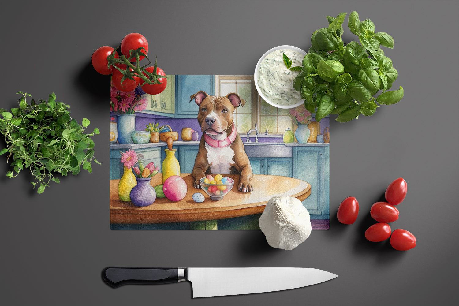 Decorating Easter Pit Bull Terrier Glass Cutting Board