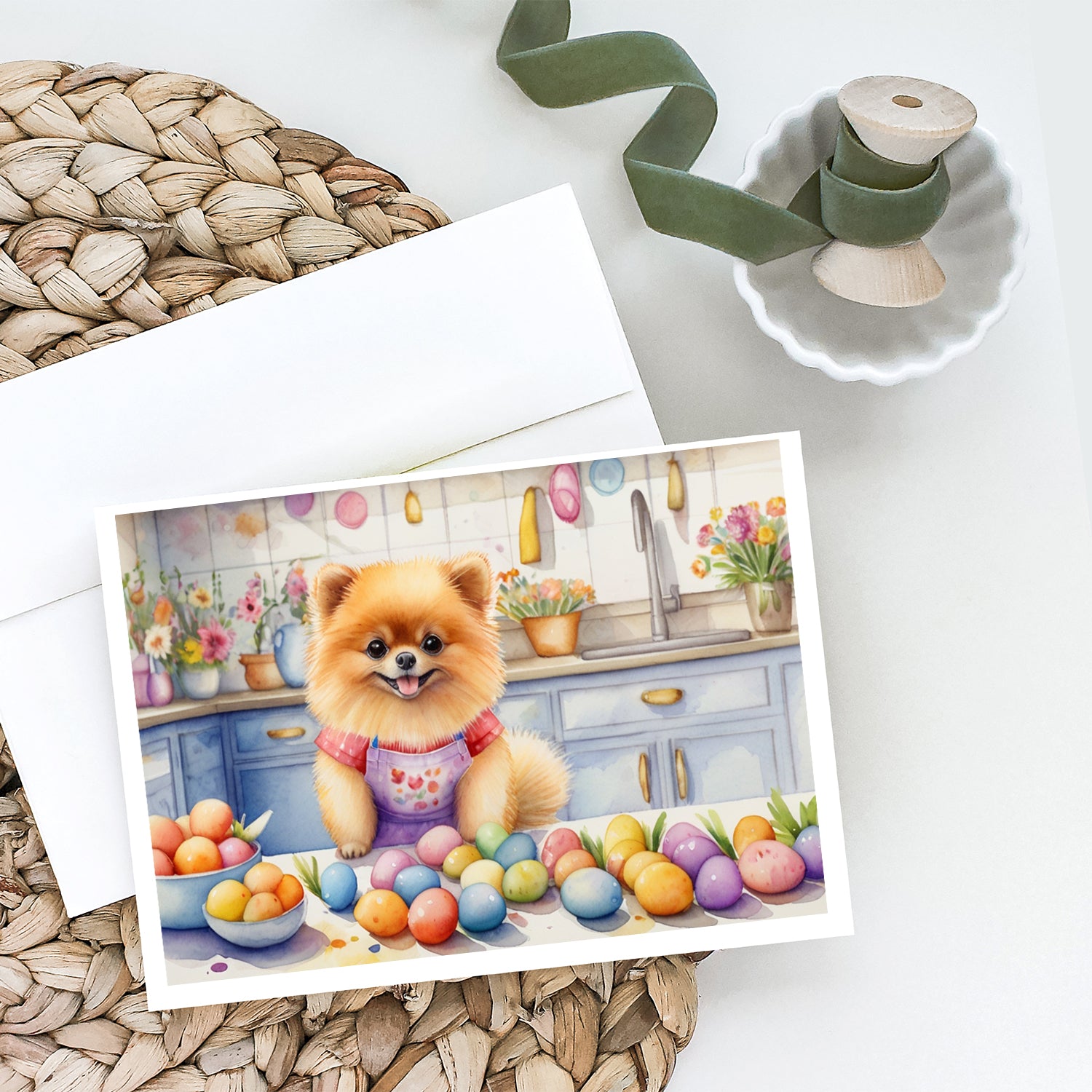Caroline's Treasures Decorating Easter Pomeranian Greeting Cards - Blank Note Cards – 8-Pack of Artist-Designed Cards with Envelopes