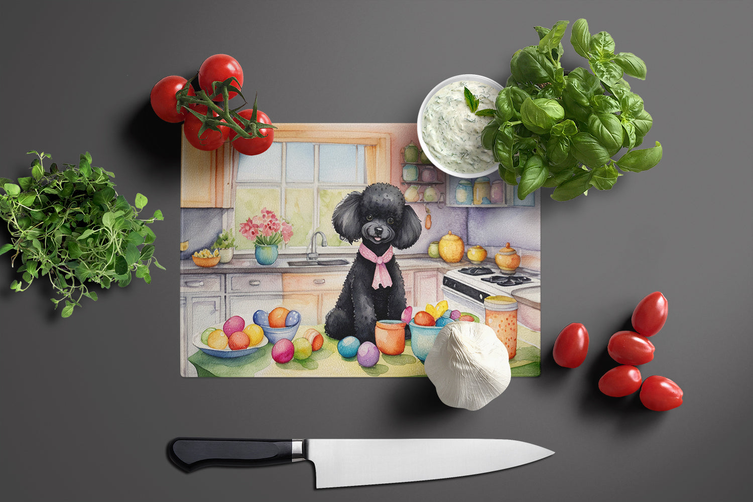 Decorating Easter Black Poodle Glass Cutting Board