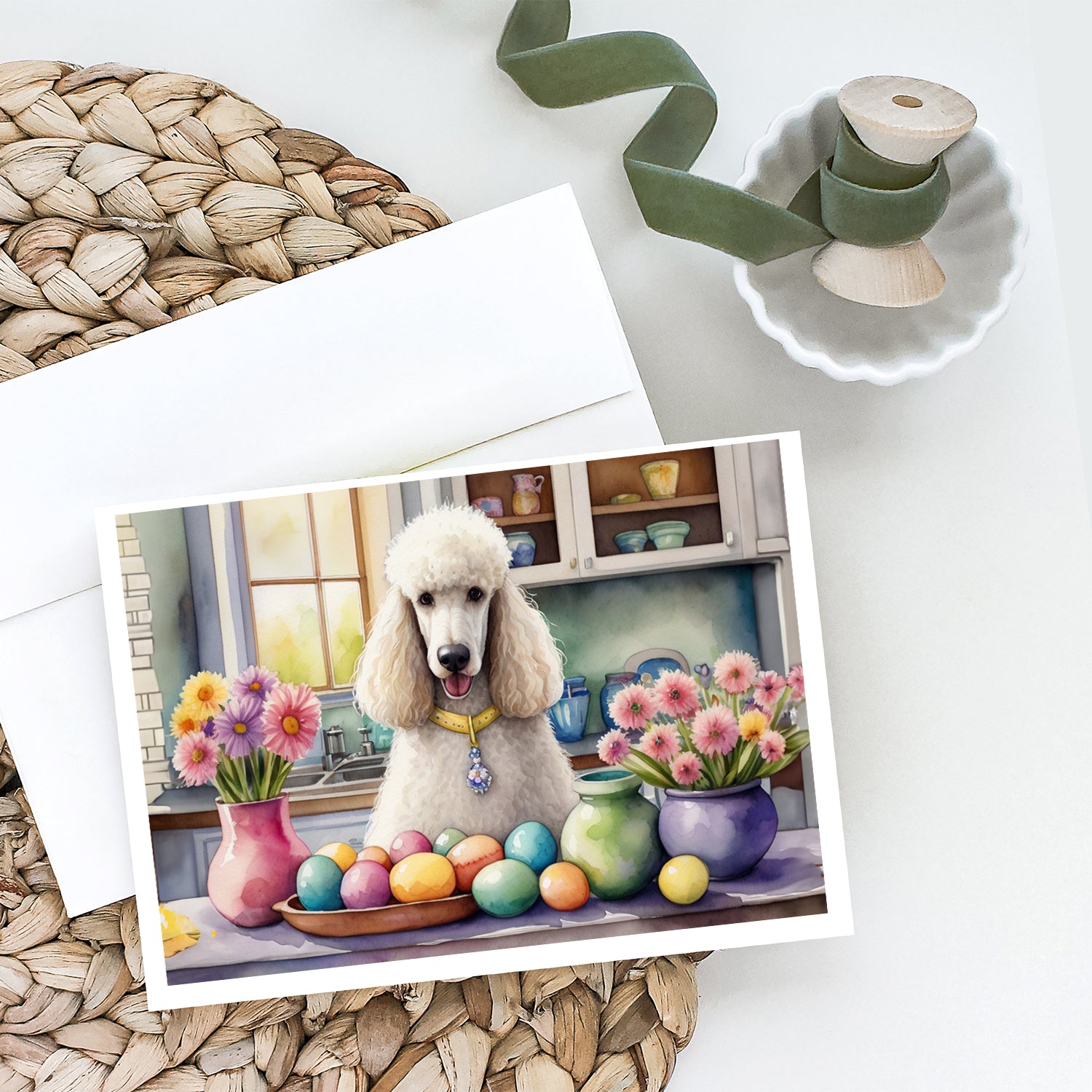 Decorating Easter White Poodle Greeting Cards Pack of 8