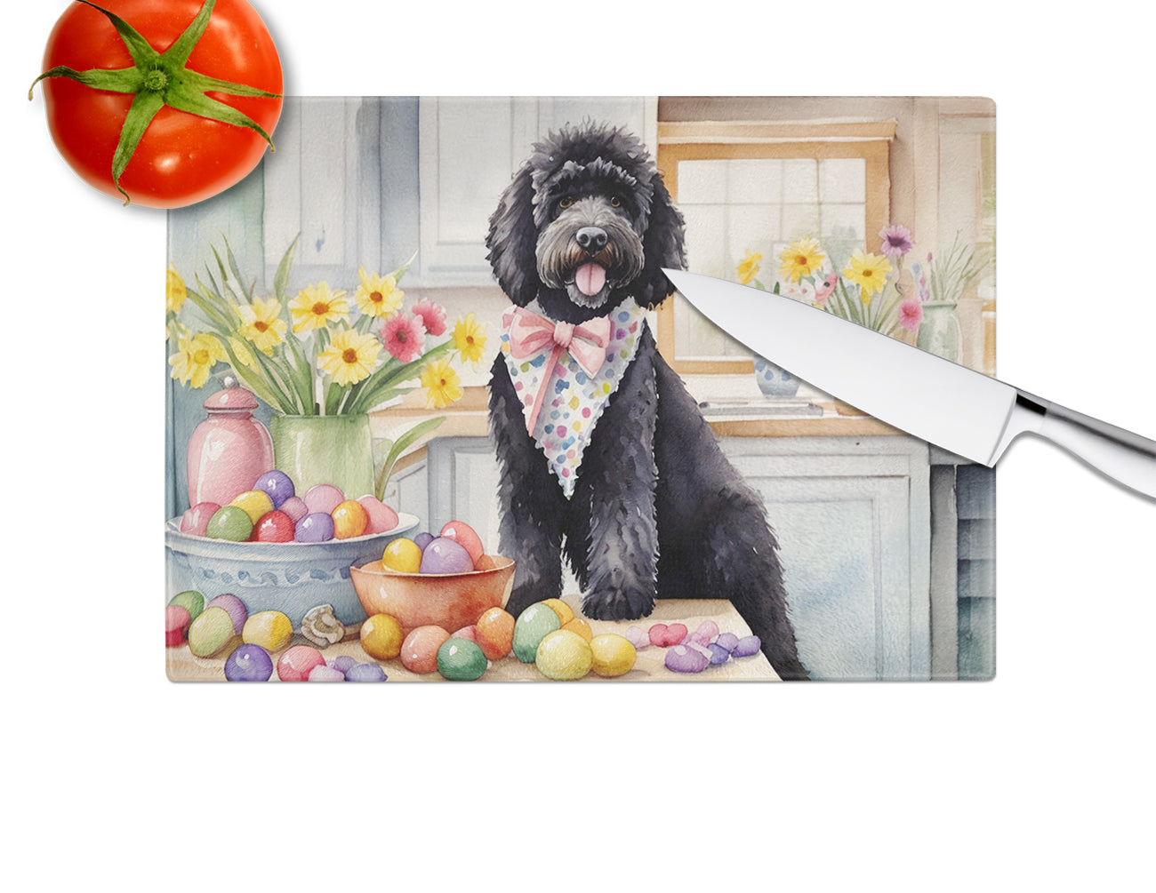Decorating Easter Portuguese Water Dog Glass Cutting Board