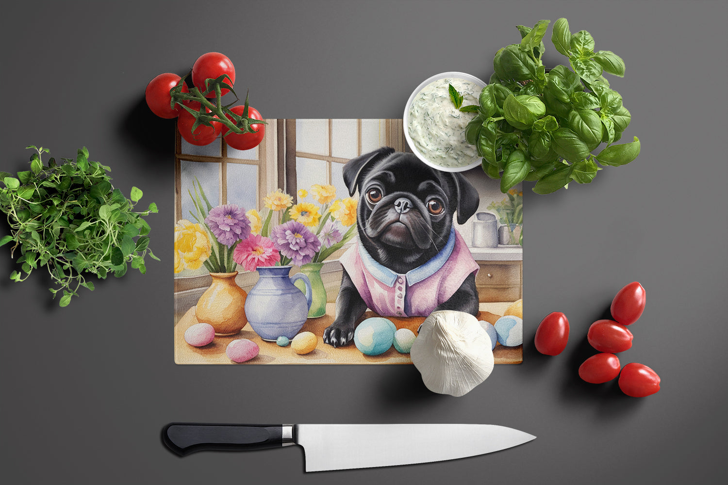 Decorating Easter Pug Glass Cutting Board