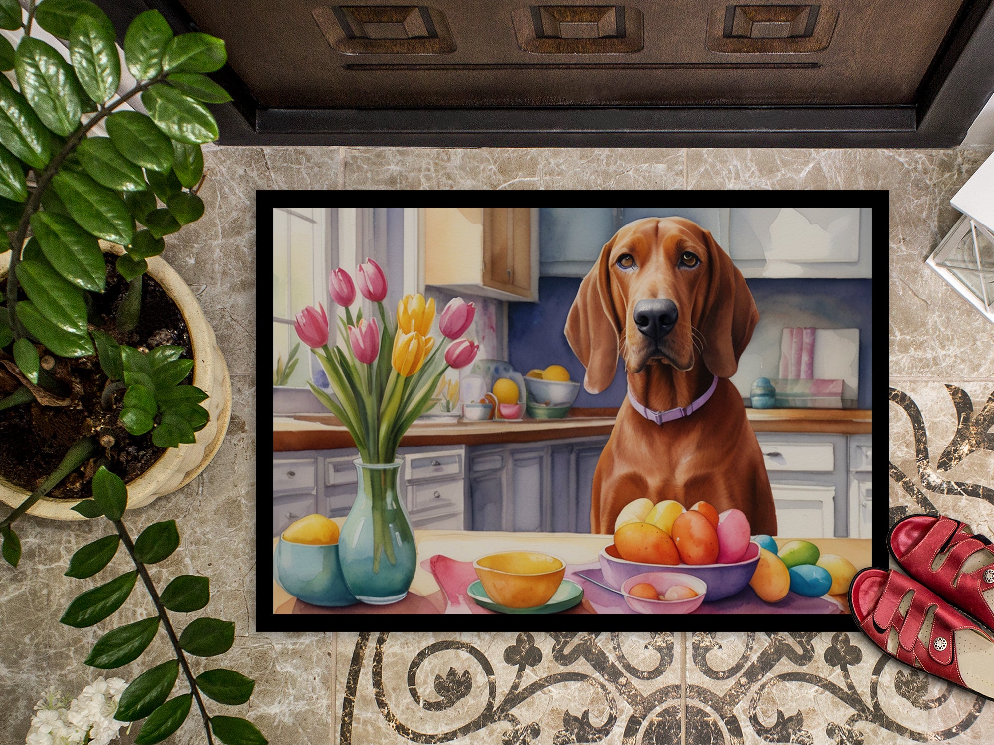 Decorating Easter Redbone Coonhound Doormat