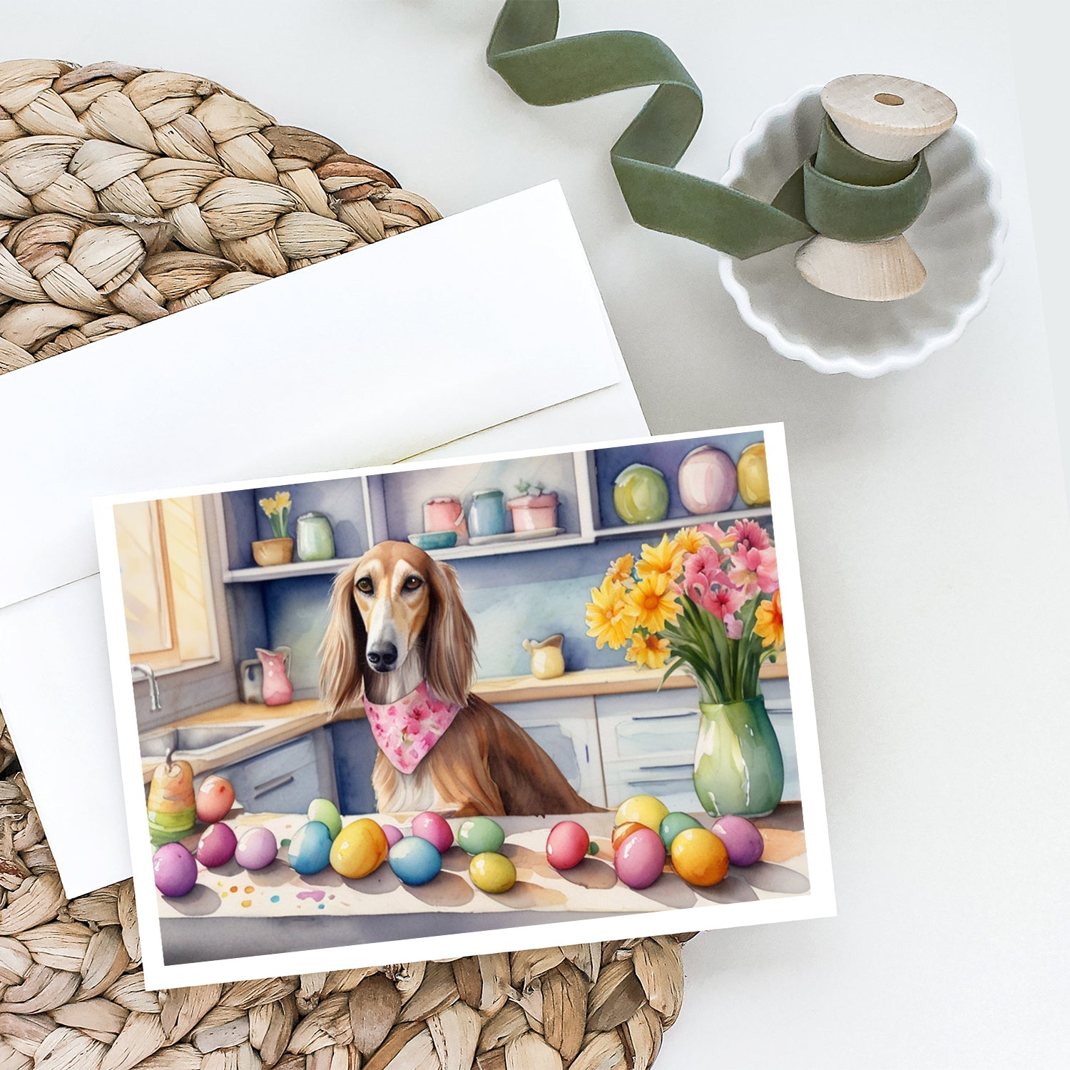 Decorating Easter Saluki Greeting Cards Pack of 8