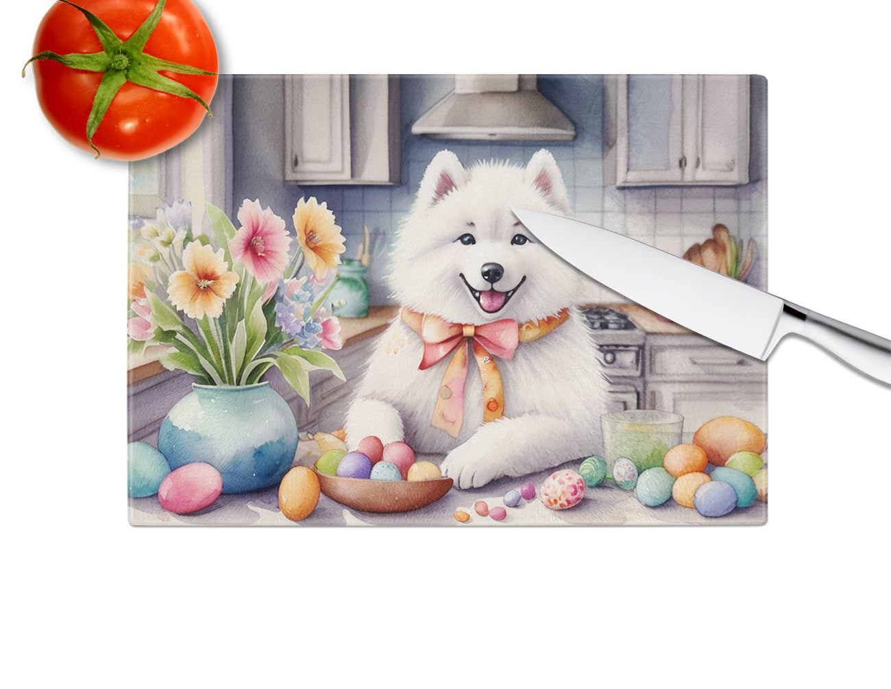 Decorating Easter Samoyed Glass Cutting Board