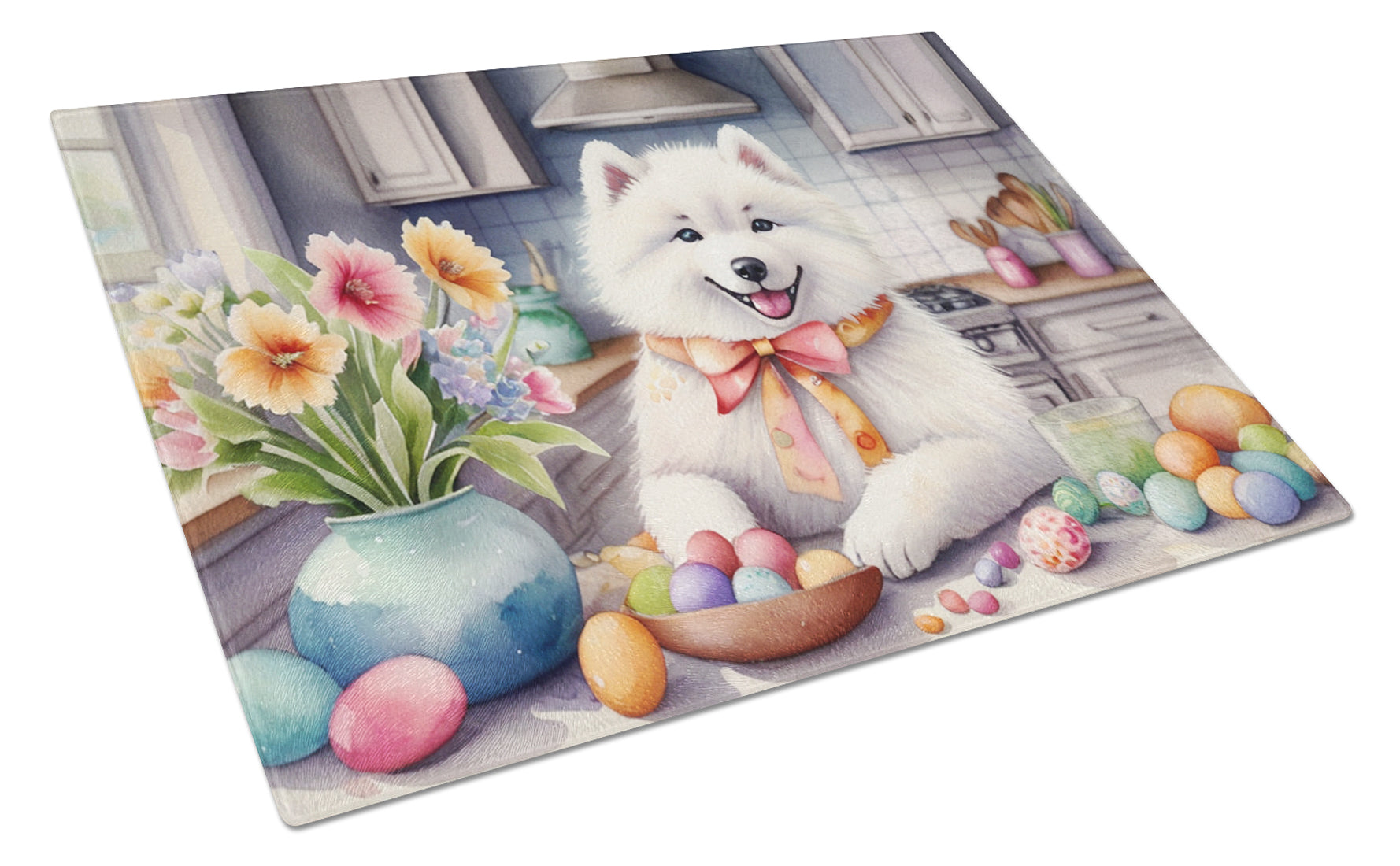 Buy this Decorating Easter Samoyed Glass Cutting Board