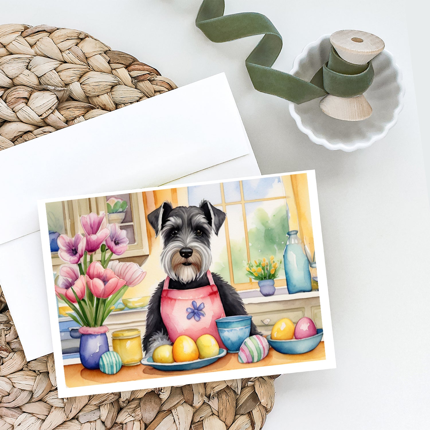 Decorating Easter Schnauzer Greeting Cards Pack of 8