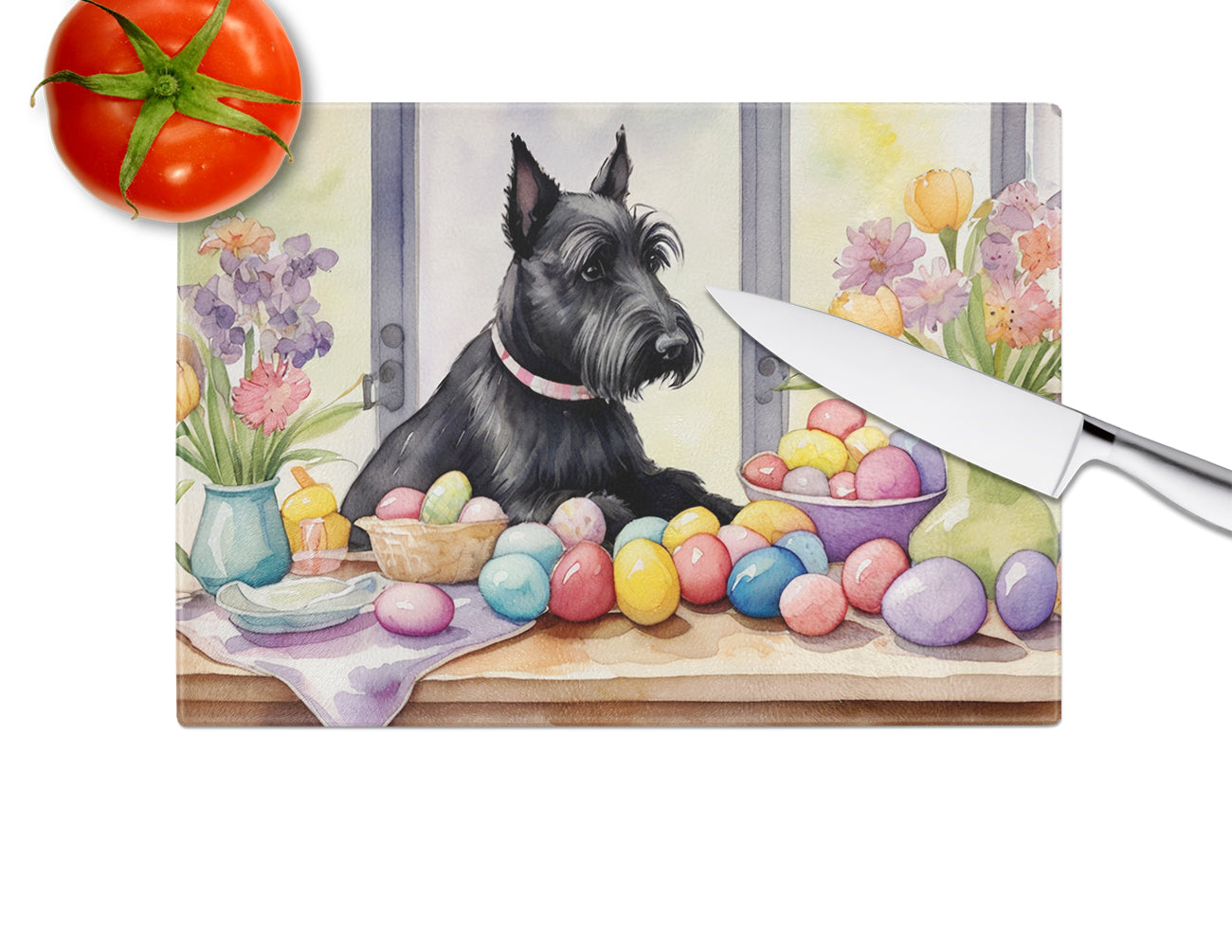 Decorating Easter Scottish Terrier Glass Cutting Board