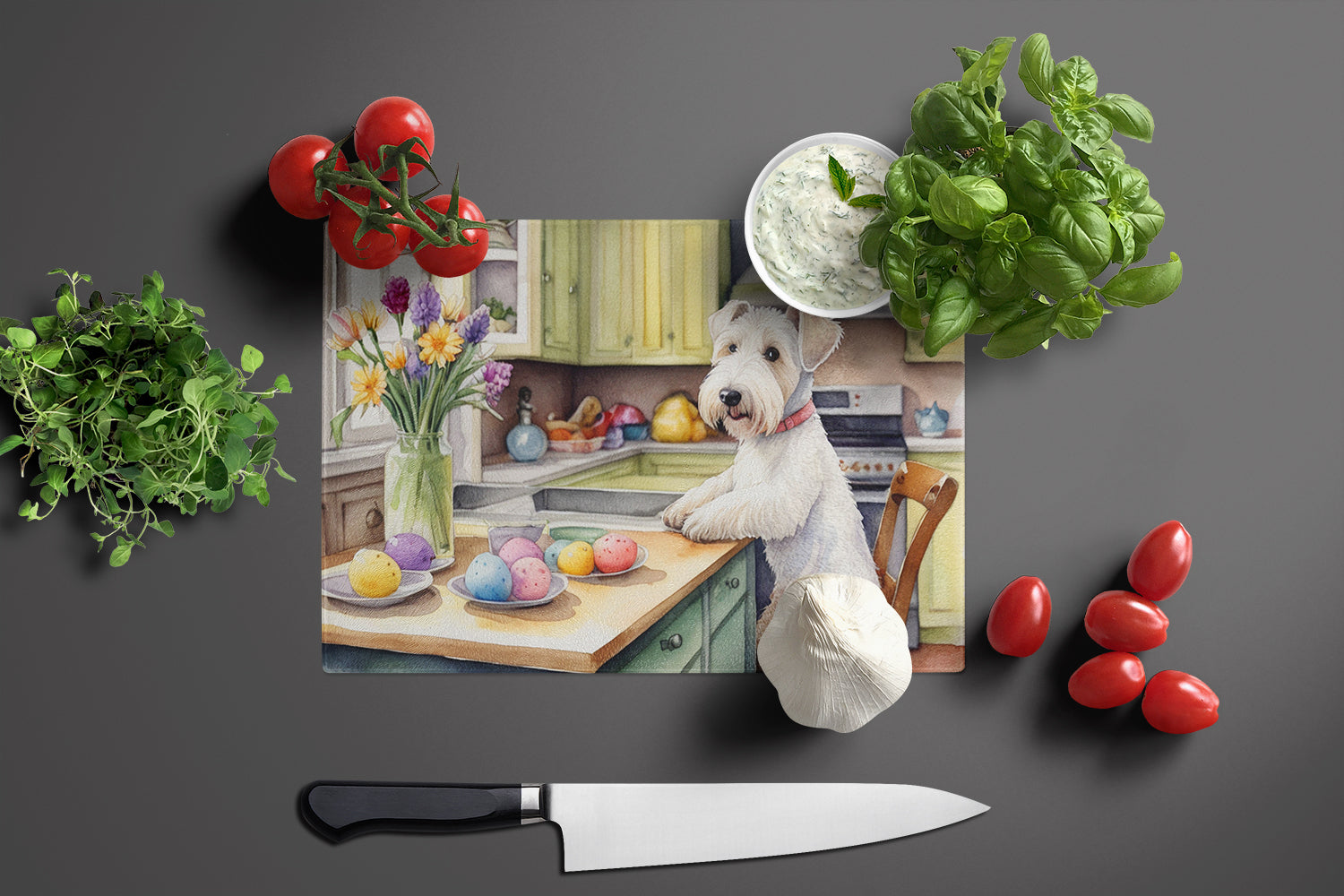 Decorating Easter Sealyham Terrier Glass Cutting Board