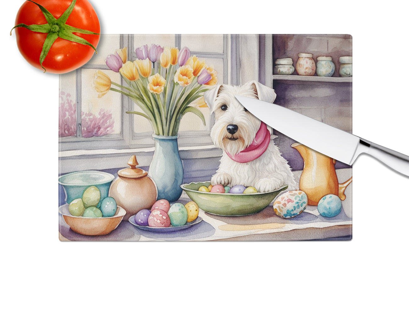 Decorating Easter Sealyham Terrier Glass Cutting Board