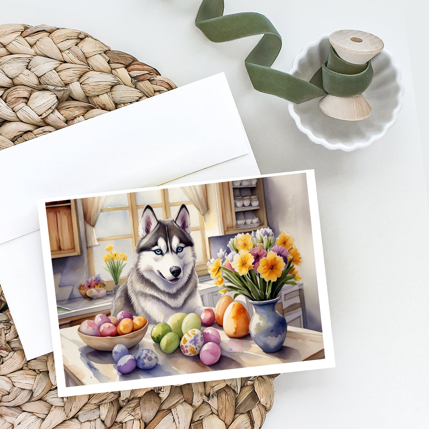 Buy this Decorating Easter Siberian Husky Greeting Cards Pack of 8