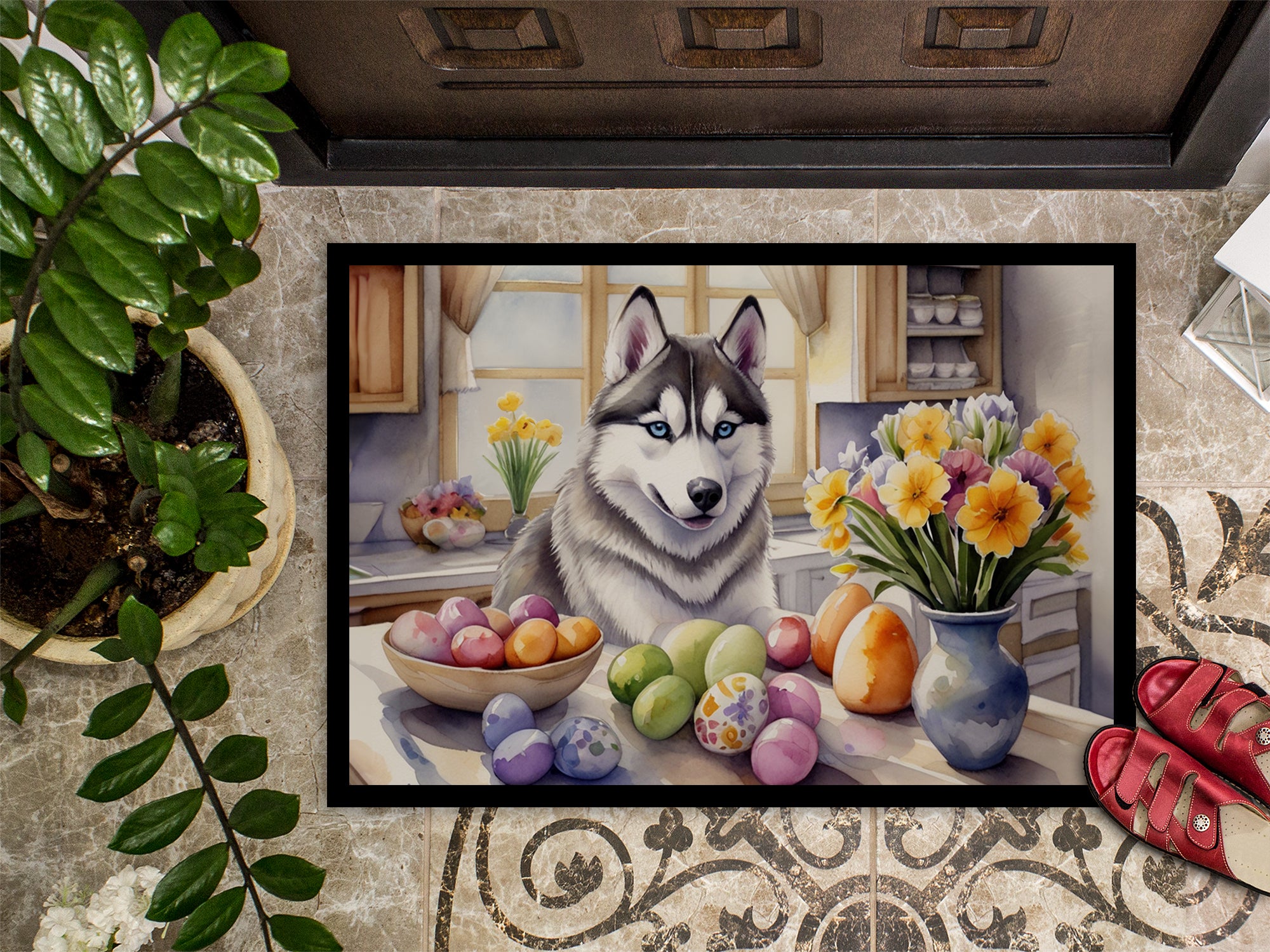 Decorating Easter Siberian Husky Doormat