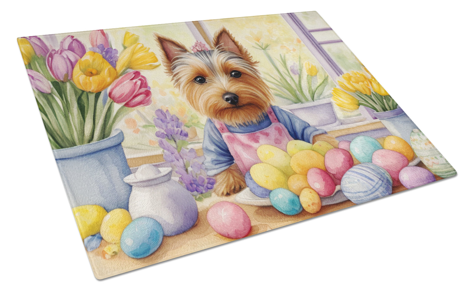 Buy this Decorating Easter Silky Terrier Glass Cutting Board