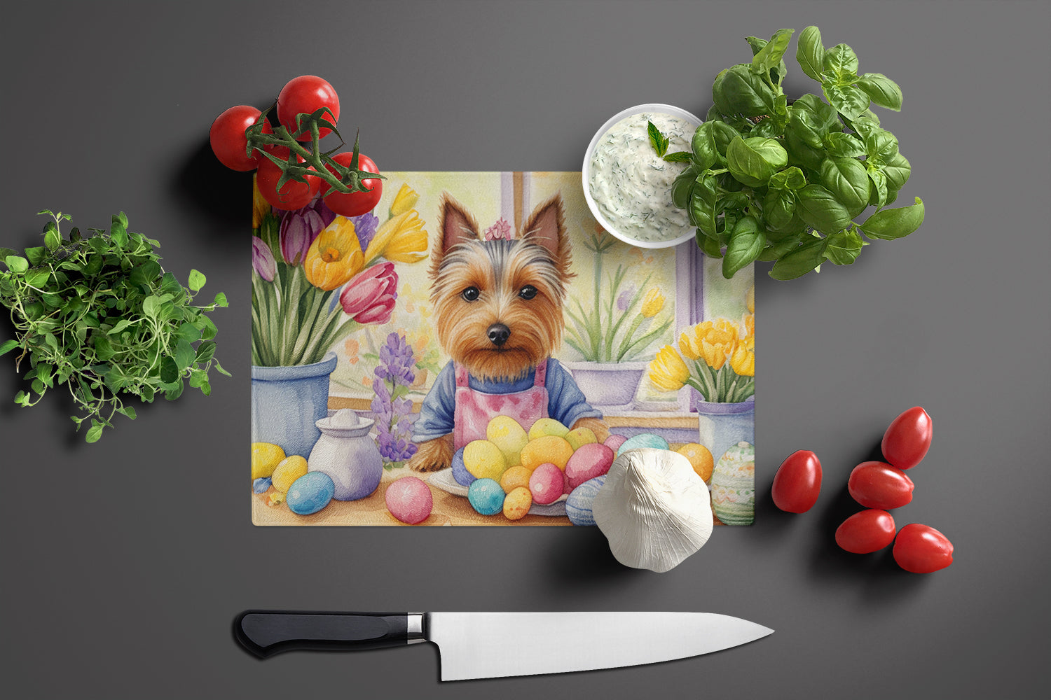 Decorating Easter Silky Terrier Glass Cutting Board