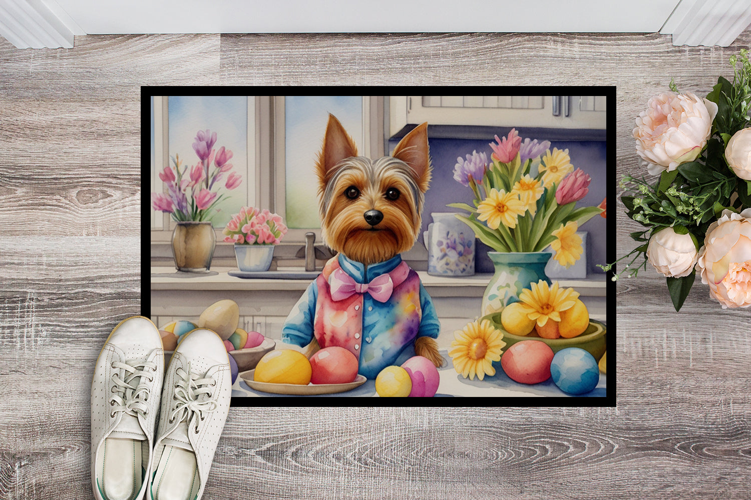 Decorating Easter Silky Terrier Doormat