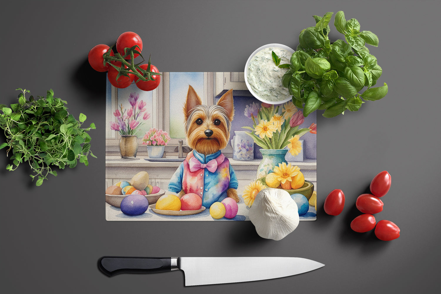 Decorating Easter Silky Terrier Glass Cutting Board