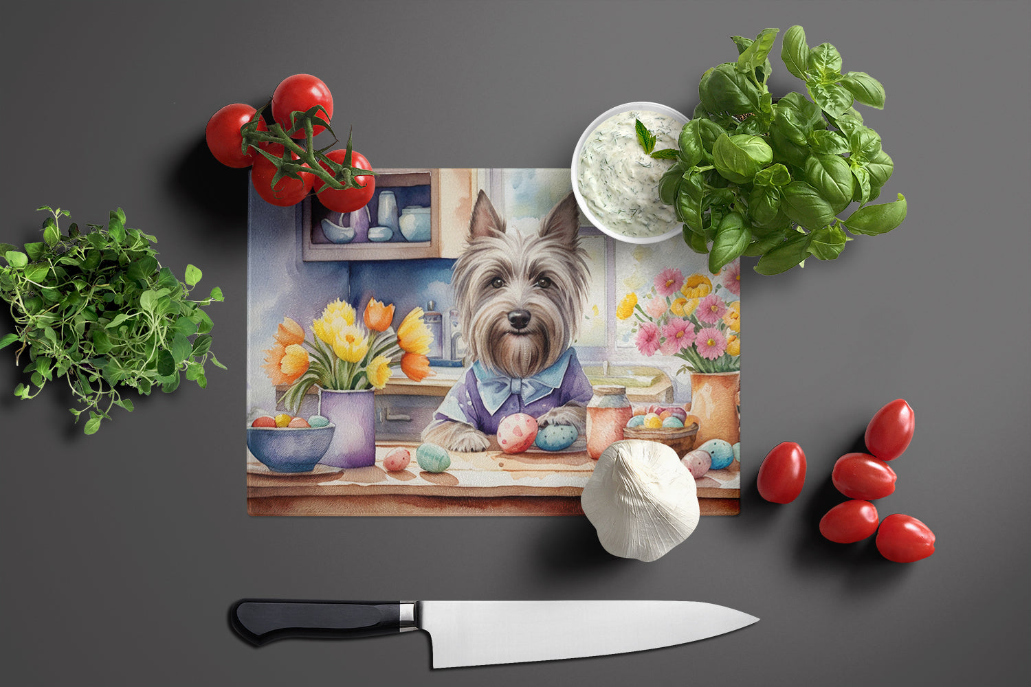 Decorating Easter Skye Terrier Glass Cutting Board