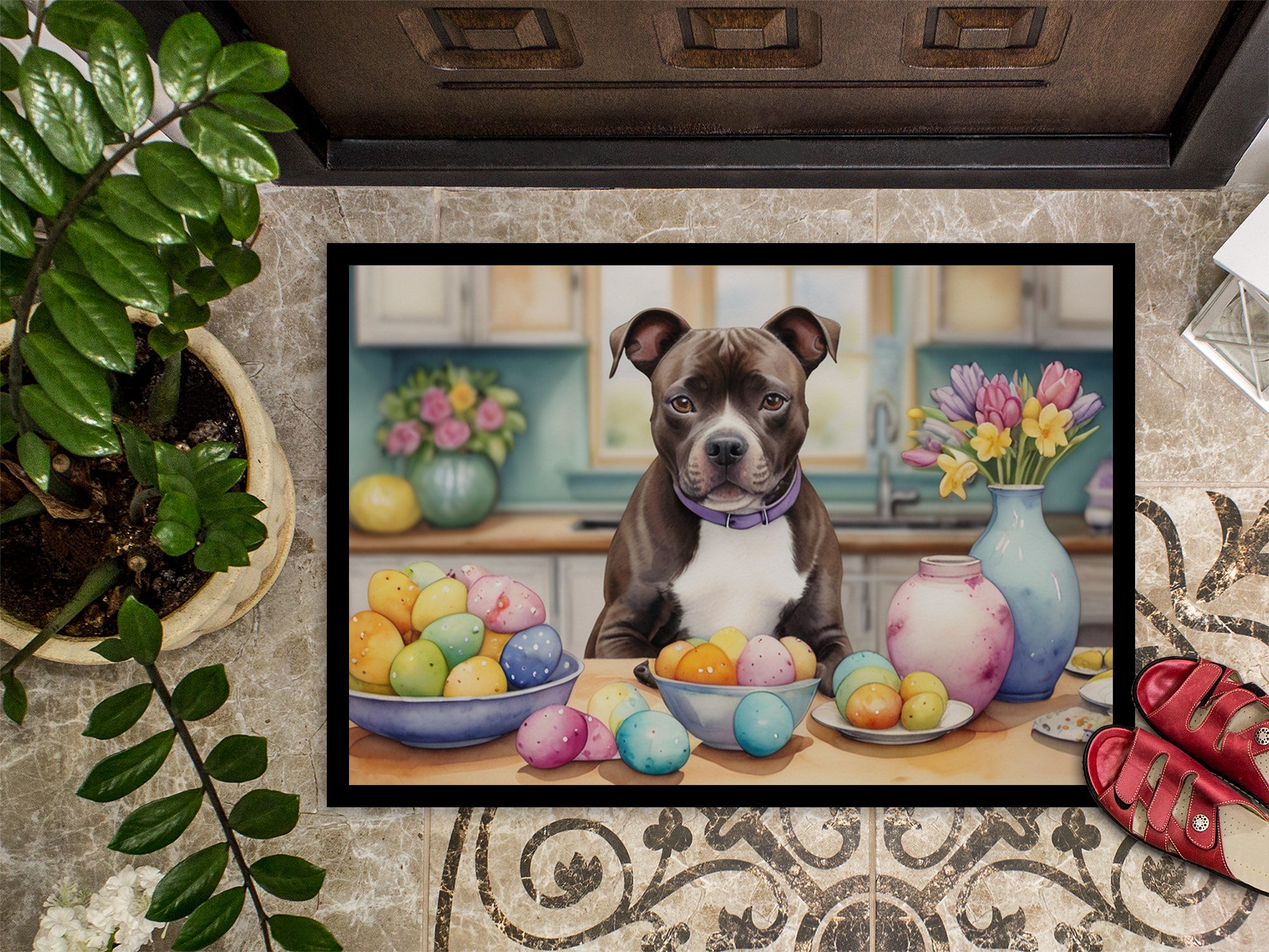 Decorating Easter Staffordshire Bull Terrier Doormat