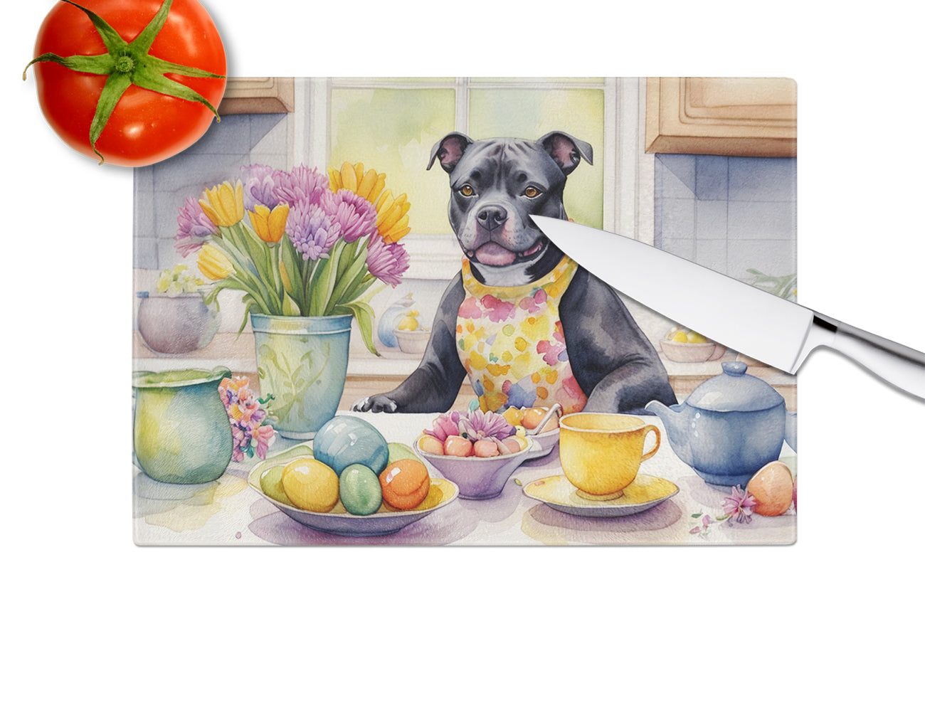 Decorating Easter Staffordshire Bull Terrier Glass Cutting Board