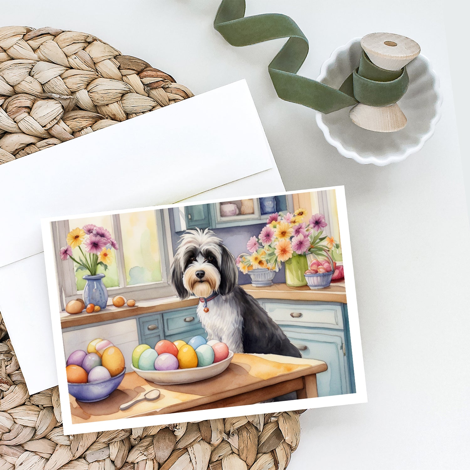 Decorating Easter Tibetan Terrier Greeting Cards Pack of 8